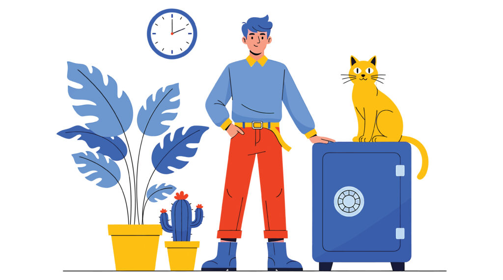 Vector art of confident man standing with a cat on a safe, , vector illustration of a financial security concept with a happy character