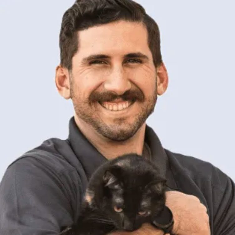 smiling male veterinarian with dark hair holding a black cat