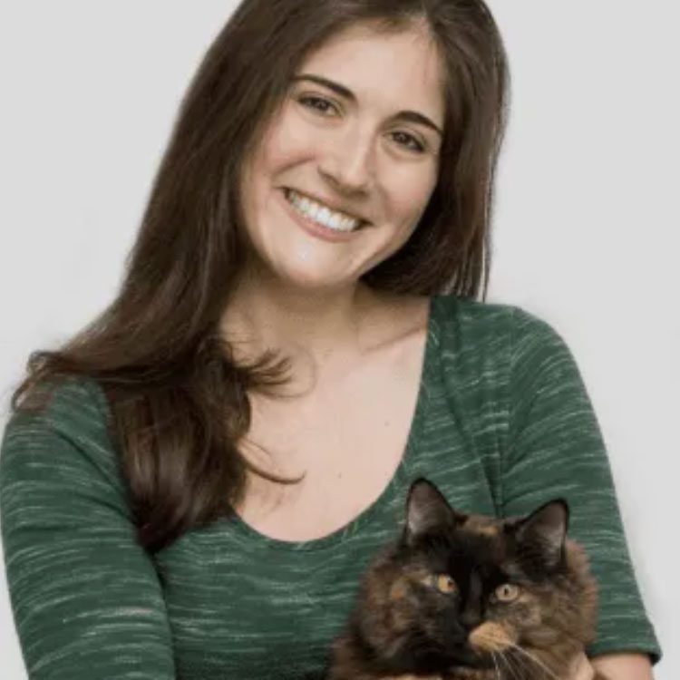 smiling female veterinarian with long dark hair holding fluffy tortoiseshell cat